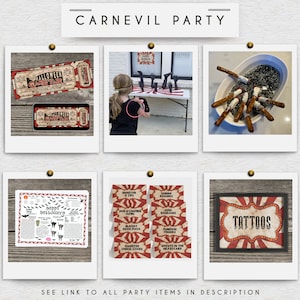 May include: A set of printable Halloween party decorations with a carnival theme. The decorations include a game board, food labels, and a tattoo sign. The decorations are red, white, and black with a vintage look.