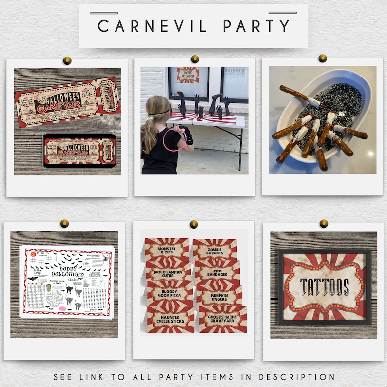 May include: A set of printable Halloween party decorations with a carnival theme. The decorations include a game board, food labels, and a tattoo sign. The decorations are red, white, and black with a vintage look.