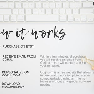 May include: A white background with a keyboard, gold paper clips, and a white paper with the text "how it works" and a numbered list of steps for customizing a digital template. The steps include purchasing on Etsy, receiving an email from Corjl, personalizing on Corjl.com, and downloading the file in PNG, JPEG, or PDF format.