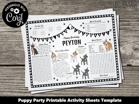 Kids Activity Sheet Editable Printable Puppy Dog Party Any Occasion Corjl Template Coloring Sheet Activity Pages Kids Coloring Sheet PWL18BW