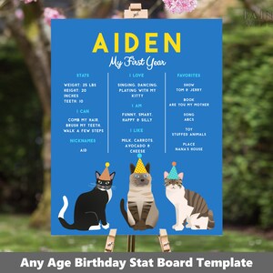 Birthday Cat Party Stats Board Printable 8x10 16x20 Milestone Poster Sign Boy Any Age First Birthday Editable Template Bonfire PWL19 image 1