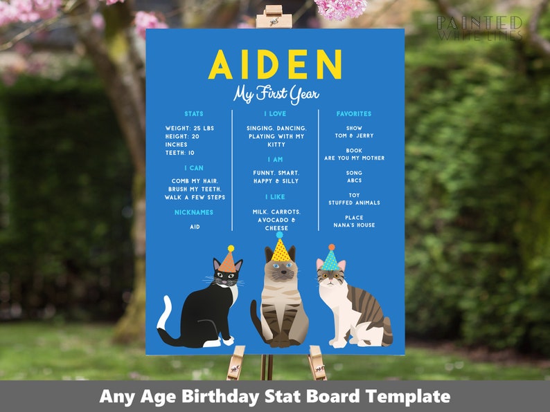 Birthday Cat Party Stats Board Printable 8x10 16x20 Milestone Poster Sign Boy Any Age First Birthday Editable Template Bonfire PWL19 image 1