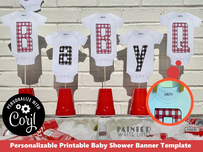 May include: Printable baby shower banner template with the word "Baby" spelled out in red and black gingham patterned onesies. The onesies are attached to red plastic cups and are displayed against a white brick wall.