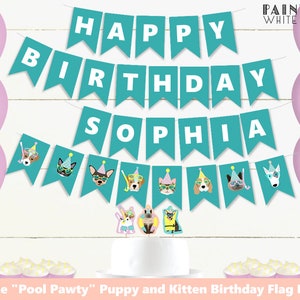 May include: Teal blue banner with white text that reads "Happy Birthday Sophia". The banner is decorated with images of dogs wearing sunglasses and party hats. The banner is hanging on a white wood background.