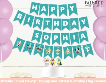 Printable Kids Pool Party Decor Flag Banner Birthday Decorations Bunting Girls Party Downloadable Digital Summer Swim PWL14