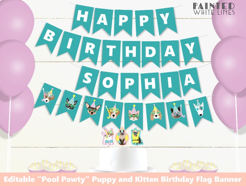 May include: Teal blue banner with white text that reads "Happy Birthday Sophia". The banner is decorated with images of dogs wearing sunglasses and party hats. The banner is hanging on a white wood background.