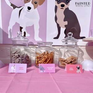 May include: Three glass jars filled with snacks for a dog party. The jars are labeled "Puppy Chow", "Fetching Sticks", and "Dog Bones". The jars are on a pink table cloth with a pink and white background.
