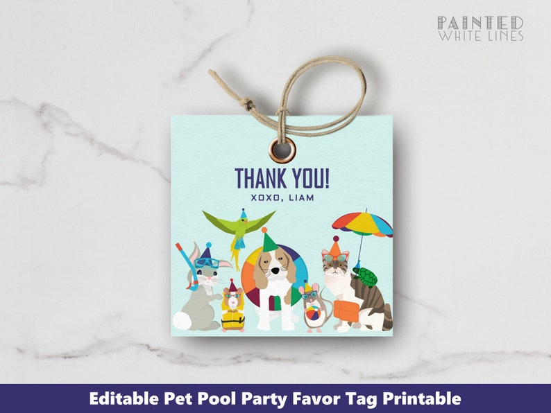 May include: Thank you tag with a blue border and a light blue background. The tag features a group of animals wearing pool party accessories. The text on the tag reads "Thank You! XOXO, Liam".