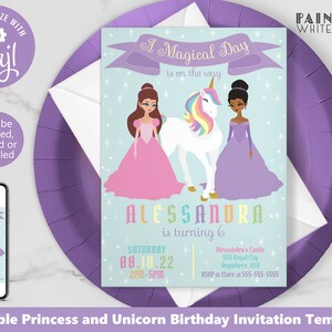 May include: A printable birthday invitation template featuring a unicorn and two princesses. The invitation is decorated with stars and has a light blue background. The text on the invitation reads "A Magical Day is on the way" and "Alessandra is turning 6".