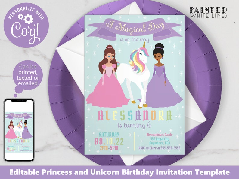May include: A printable birthday invitation template featuring a unicorn and two princesses. The invitation is decorated with stars and has a light blue background. The text on the invitation reads "A Magical Day is on the way" and "Alessandra is turning 6".