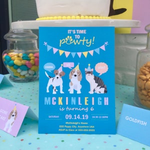 May include: A blue and pink birthday party invitation with a cartoon dog, cat, and puppy wearing party hats. The invitation says "It's time to pawty!" and "McKinleigh is turning 6". The date and time of the party are listed as "Saturday 09.14.19 10:30-12:30PM".