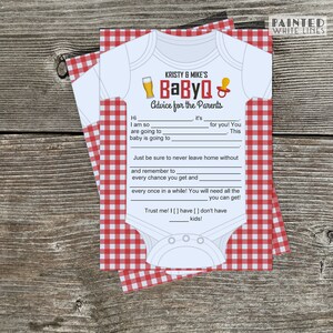 May include: A red and white gingham baby shower advice card with a white onesie and the text "KRISTY & MIKE'S BaByQ Advice for the Parents".