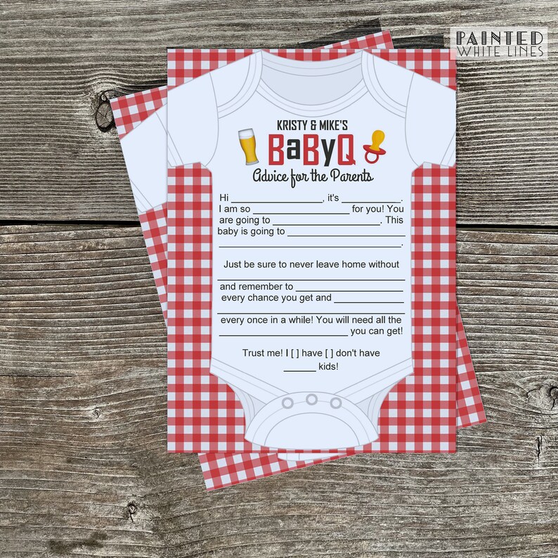 May include: A red and white gingham baby shower advice card with a white onesie and the text "KRISTY & MIKE'S BaByQ Advice for the Parents".