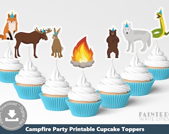 Birthday Campfire Party Cupcake Tops Boys Girls Kids Cake Topper Printable Bonfire Modern Woodland Party Idea Bear Moose Fox PWLCF