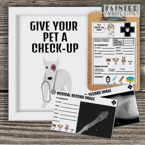 May include: A printable pet check-up form with a cartoon dog wearing a stethoscope. The form includes sections for pet information, reason for visit, diagnosis, and treatment. It also includes a space for a medical record image.