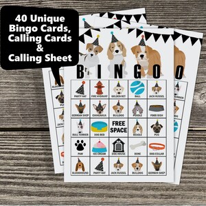 May include: A set of 40 unique bingo cards featuring different dog breeds, with a calling sheet and calling cards. The cards are printed on white paper with black text and illustrations.
