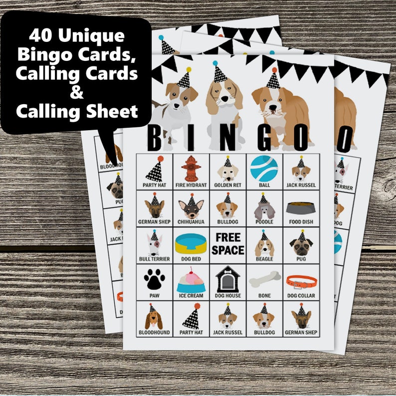 May include: A set of 40 unique bingo cards featuring different dog breeds, with a calling sheet and calling cards. The cards are printed on white paper with black text and illustrations.