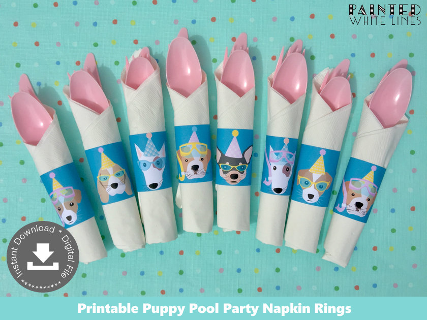 Pool Party Napkin Rings Swim Party Decor Printable Napkin Wraps Pet Napkin Wrappers Adopt a Pet Adoption Party Girls Birthday