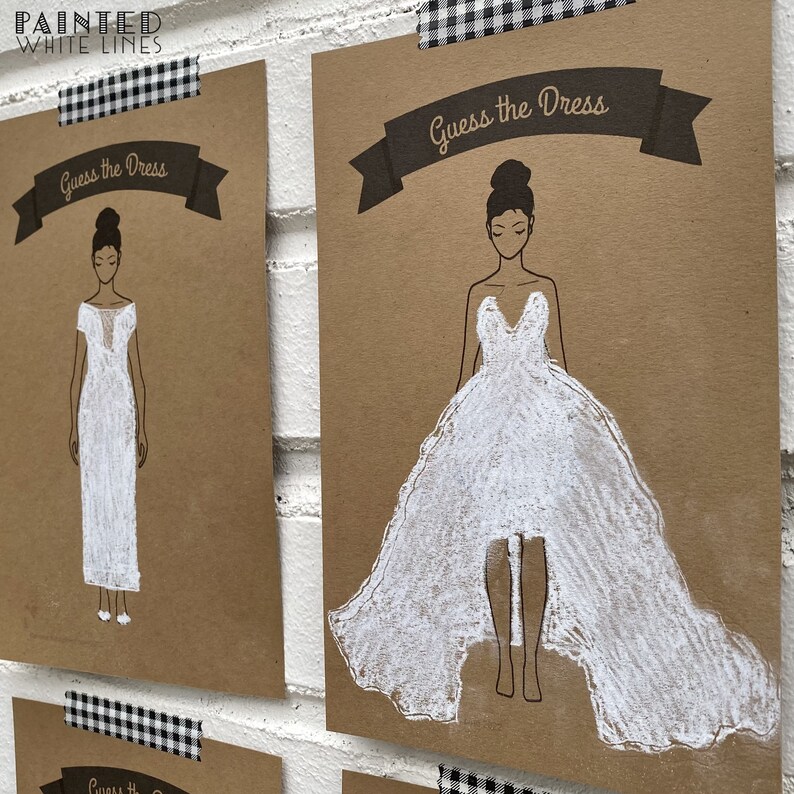 May include: A printable bridal shower game with the text "Guess the Dress" and a drawing of a bride in a white dress with a long train.