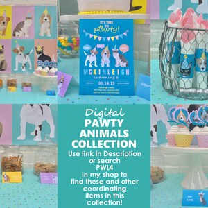 May include: A party table decorated with a pawty animals theme. The table has a blue tablecloth with white polka dots. There are cupcakes with pawty animal toppers, jars of snacks, and a sign that says "Digital Pawty Animals Collection".