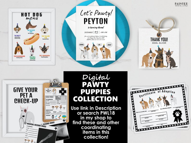 May include: A digital printable collection of pawty puppy themed party decorations. The collection includes a hot dog menu, a birthday invitation, a thank you tag, a pet check-up form, a certificate of adoption, and a digital pawty puppies collection title card. The decorations feature cartoon dogs wearing party hats.