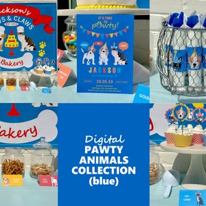 Pu&ograve; includere: Un cartello per feste blu e rosso con il testo "Jackson's Paws & Claws Bakery Est 2014". Il cartello presenta un cane di cartone animato con un cappello da chef e che tiene una torta. Ci sono anche immagini di dolcetti per cani e gatti in barattoli, cupcake e una torta su un tavolo.