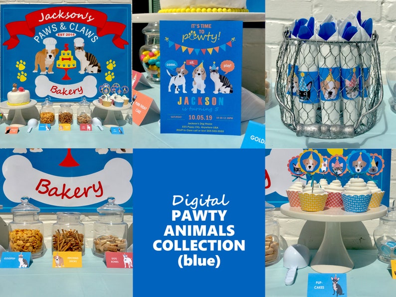 Pu&ograve; includere: Un cartello per feste blu e rosso con il testo "Jackson's Paws & Claws Bakery Est 2014". Il cartello presenta un cane di cartone animato con un cappello da chef e che tiene una torta. Ci sono anche immagini di dolcetti per cani e gatti in barattoli, cupcake e una torta su un tavolo.