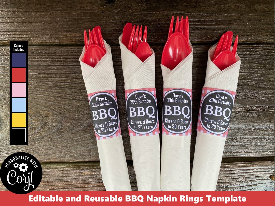 Printable BBQ Napkin Ring Templates Multiple Colors Included Any