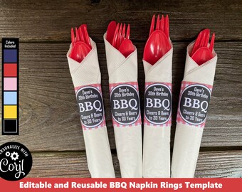 Printable BBQ Napkin Ring Templates Multiple Colors Included Any Occasion Barbecue Napkin Holder Summer Backyard Party Decor Download pwl8