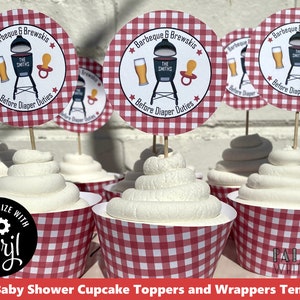 BaByQ Shower Cupcake Toppers Template Wrappers Printable Backyard BBQ Baby Shower Cupcakes Coed BaByQ Decor Cookout Barbeque Download pwl8