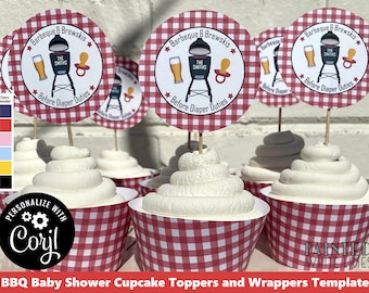 BaByQ Shower Cupcake Toppers Template Wrappers Printable Backyard BBQ Baby Shower Cupcakes Coed BaByQ Decor Cookout Barbeque Download pwl8