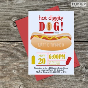 May include: A birthday party invitation with a hot dog illustration and the text "hot diggity DOG!"  Matt is turning 8. The party is on May 20th at 6:00 PM at 555 Main Street, Anywhere USA. RSVP to Clare at 555-555-5555 by 5/10.