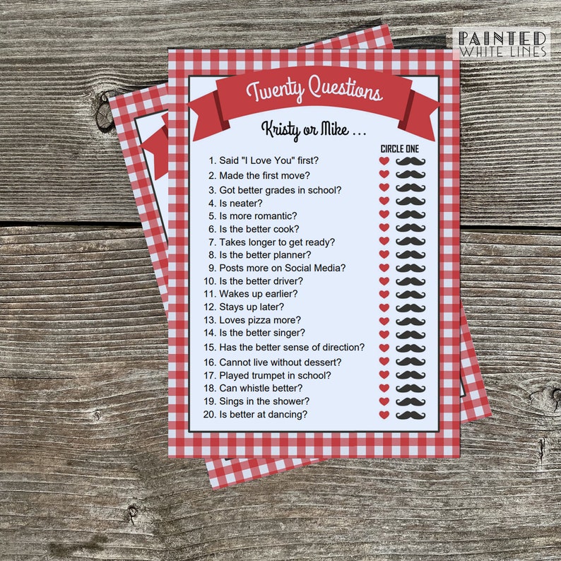 May include: A red and white gingham patterned card with the text "Twenty Questions" and "Kristy or Mike..." in red. The card has a list of 20 questions with a heart and a mustache icon next to each question for the player to circle.