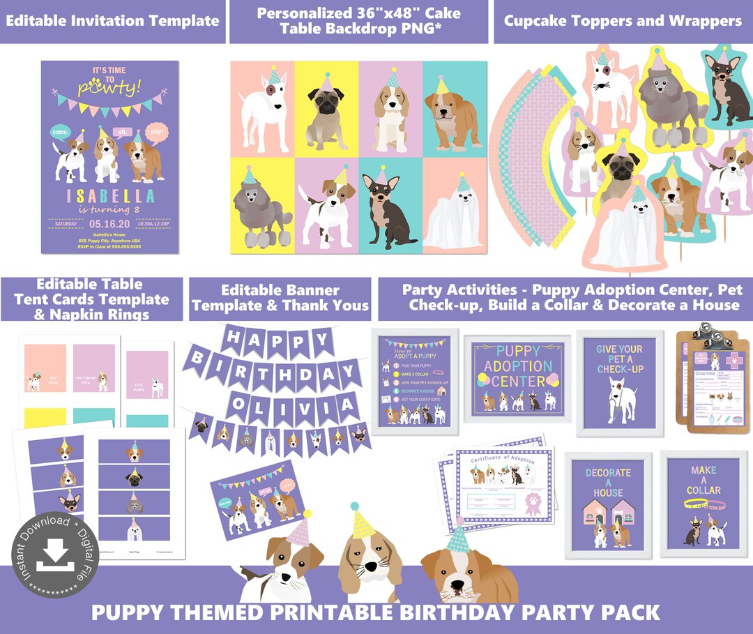 Purple Puppy Dog Party Supplies Instant Download Girls Birthday Party ...