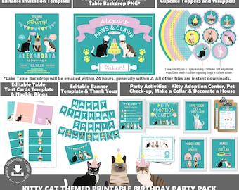 Kitty Cat Party Supplies Kitty Cat Party Theme Zaproszenie na przyjęcie adopcyjne dla kota Materiały do wydruku na przyjęcie adopcyjne dla kota Natychmiastowe pobieranie Kitty Party PWL7