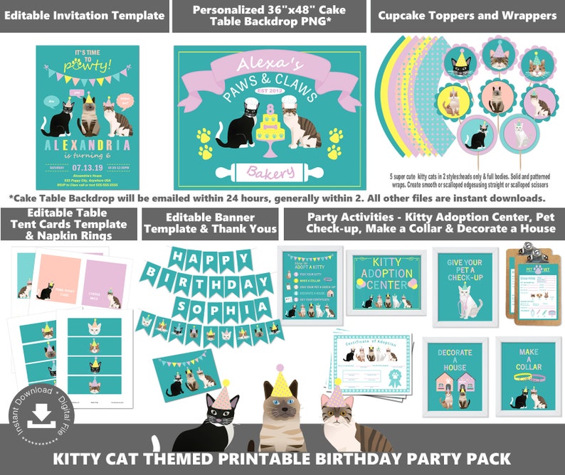 May include: Printable birthday party pack with a kitty cat theme. Includes a personalized 36" x 48" cake table backdrop, editable table tent cards, banner, and thank yous. Also includes cupcake toppers and wrappers, party activities, and printable signs for a kitty adoption center.
