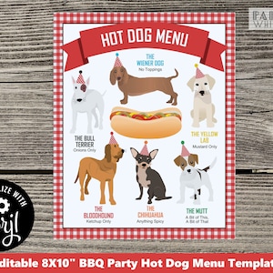 Hot Dog Bar Menú Signo Editable Imprimible Fiesta Decoraciones Patio trasero BBQ Fiesta de cumpleaños Niños Hotdog Barbacoa Barbacoa Picnic Fiesta PWL8