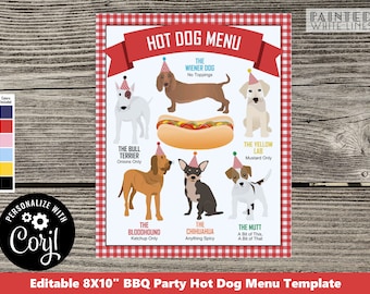 May include: Printable 8x10 inch hot dog menu template with a red and white checkered background. The menu features different dog breeds with toppings for each hot dog. The text reads "Hot Dog Menu" and "Personalize with Coril".