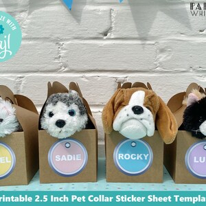 May include: Four brown boxes with different stuffed animals peeking out of the top. Each box has a round sticker with a different name and color: Angel (yellow), Sadie (pink), Rocky (blue), and Lulu (purple). The boxes are on a white brick background. Printable 2.5 inch pet collar sticker sheet template.