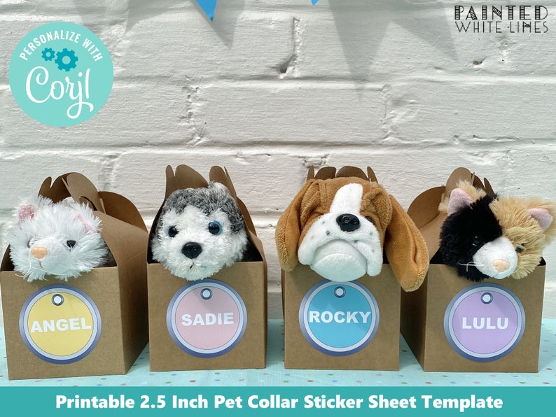 May include: Four brown boxes with different stuffed animals peeking out of the top. Each box has a round sticker with a different name and color: Angel (yellow), Sadie (pink), Rocky (blue), and Lulu (purple). The boxes are on a white brick background. Printable 2.5 inch pet collar sticker sheet template.