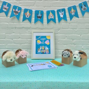 May include: A table with a blue and white polka dot tablecloth. There are six stuffed animals in brown boxes, a sign that says "Adopt a Pet", and a certificate with a paw print.