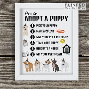 May include: A white framed poster with the title "How to Adopt a Puppy" and a list of steps with illustrations. The steps include: pick your puppy, make a collar, give your pet a check-up, train your puppy, decorate a house, and get your certificate.