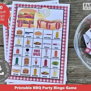 BBQ Bingo Spiel druckbare Kinder BBQ Party Aktivität Bingo Karten Picknick Party Aktivität Digitale Datei BBQ Party Dekoration Hot Dog Burger PWL8