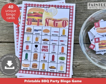 May include: Printable BBQ party bingo game with 40 unique cards. The bingo card has a red and white checkered background and features images of food and drinks commonly found at a barbecue, such as hamburgers, hot dogs, lemonade, and iced tea. The card also has a free space in the center. The image shows a bowl of bingo chips with images of food on them.