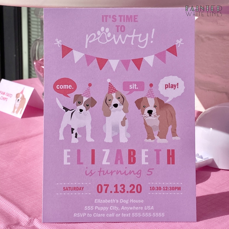 May include: Purple invitation with pink and white accents. It says "It's time to pawty!" with three cartoon dogs wearing party hats. The text says "Elizabeth is turning 5" and includes the date "07.13.20" and time "10:30-12:30PM".