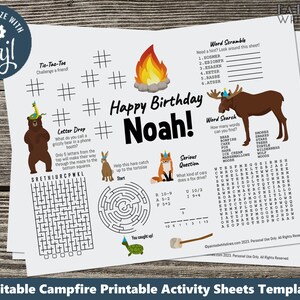 Feuille d'activité d'anniversaire de feu de camp modifiable à imprimer n'importe quelle occasion image 1