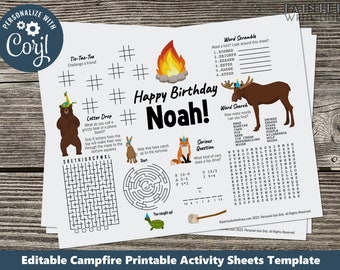 Campfire Birthday Activity Sheet Editable Printable Any Occasion Corjl Template Coloring Pages Maze Word Search Scramble Tic Tac Toe PWLCF