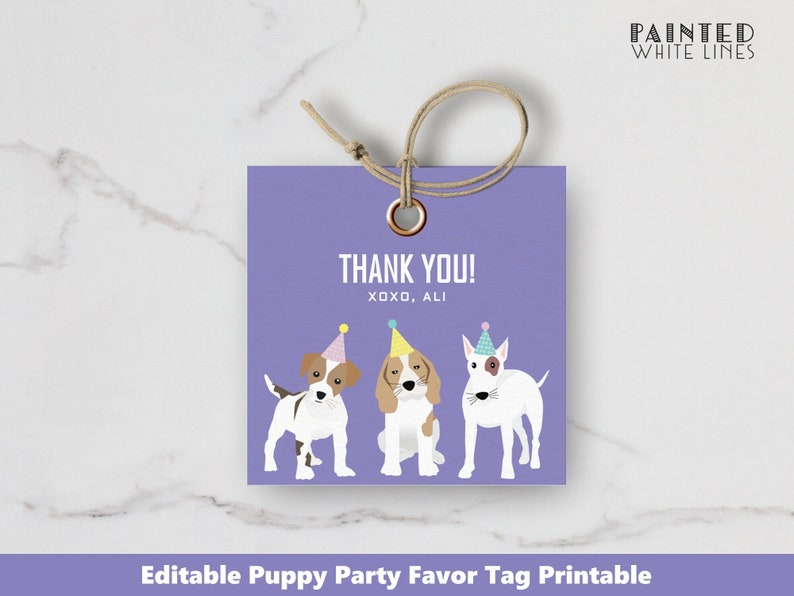 May include: Purple thank you tag with three cartoon dogs wearing party hats. The text reads "Thank You! XOXO, ALI".