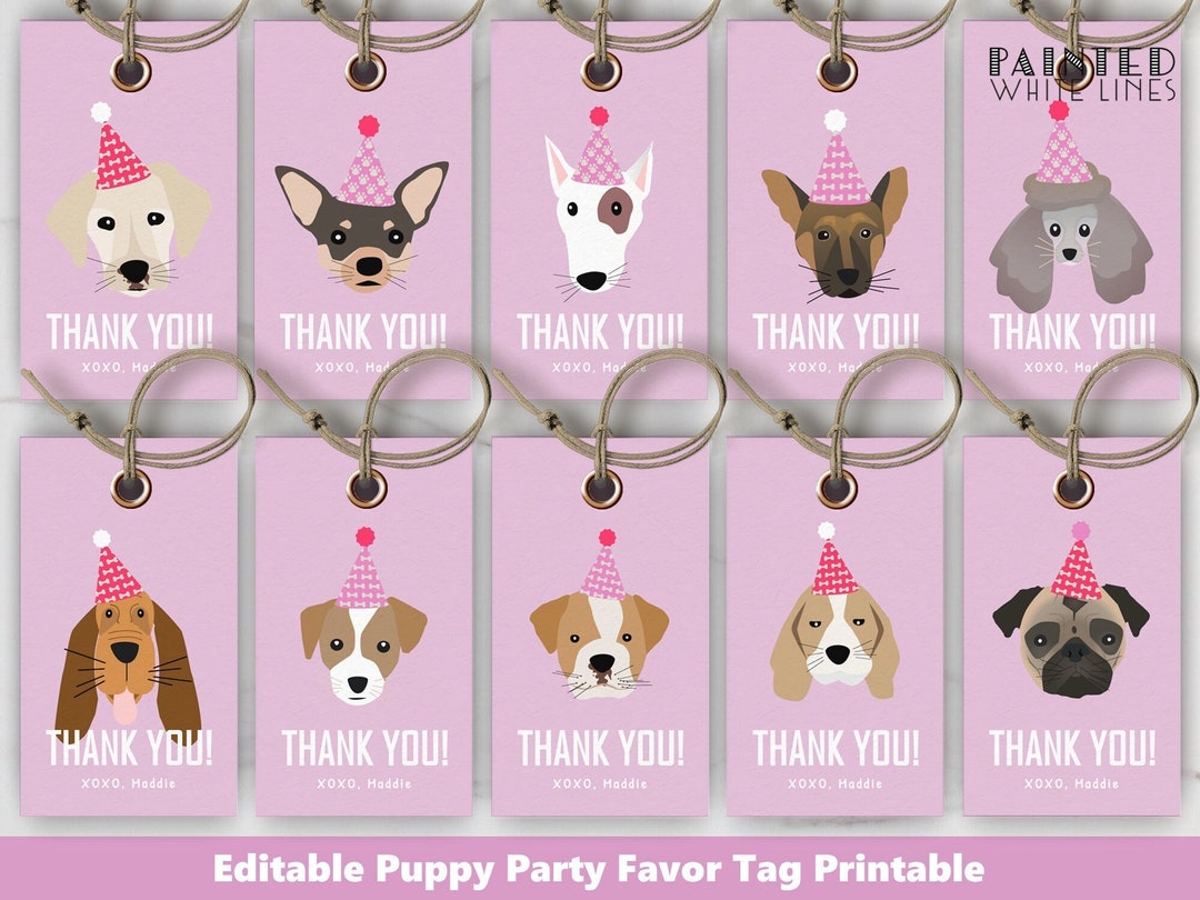 Pink Dog Party Favor Tags Dog Party Favors Printable Favor Etsy