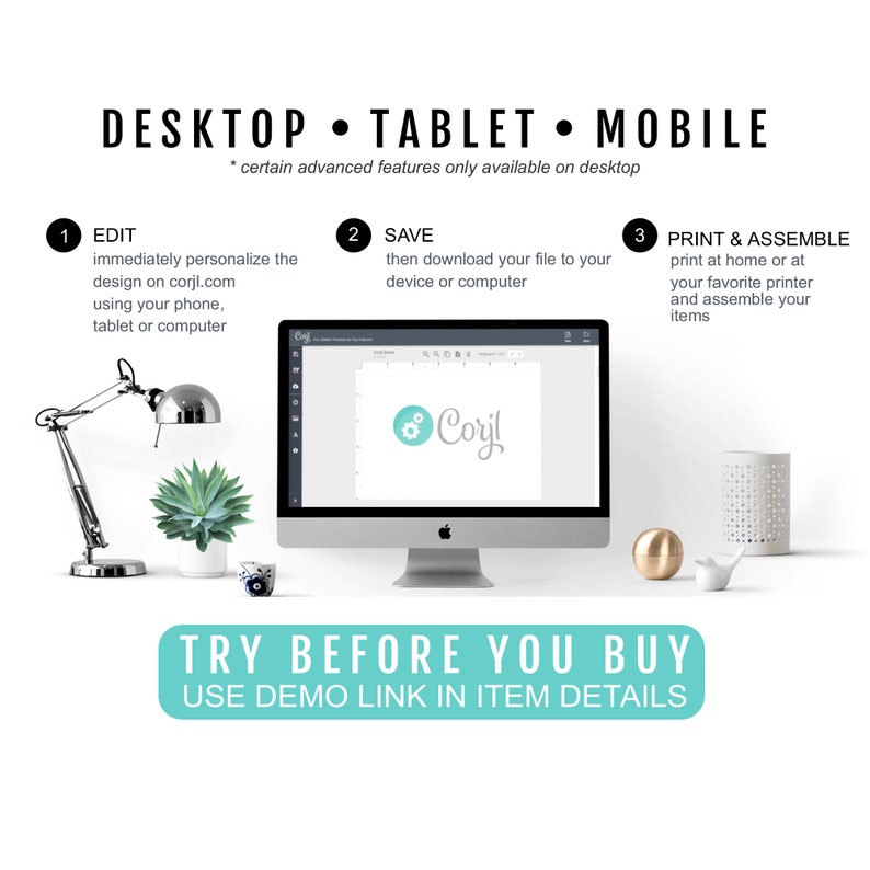 May include: A computer screen displaying a design template with the text "Cory!" in a light blue font. The screen is on a desk with a lamp, a succulent plant, and a gold decorative sphere. The text "DESKTOP TABLET MOBILE" is at the top of the image. The text "TRY BEFORE YOU BUY USE DEMO LINK IN ITEM DETAILS" is at the bottom of the image.